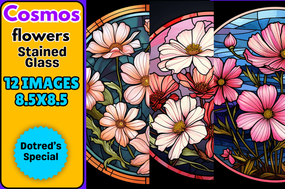 Cosmos Flowers Stained Glass Graphics for Backgrounds and Digital Products