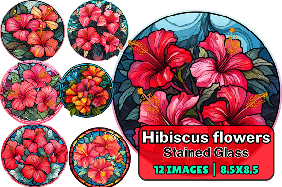 Hibiscus Flowers Stained Glass: A Vibrant Graphic Design Asset for Editorial and Web Use