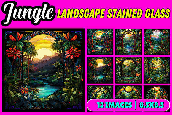 Jungle Landscape Stained Glass: A Vibrant Graphic Design Asset for Creative Websites