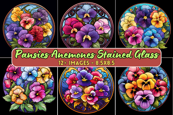 Pansies Anemones Stained Glass Graphics for Handmade Projects