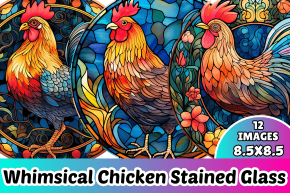 Whimsical Chicken Stained Glass for Local Business Branding and Packaging